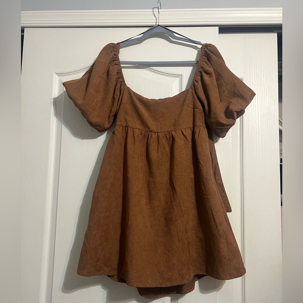 Brown corduroy puff sleeve dress